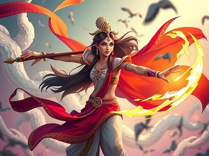 Anise Mystic Soar protagonist Anika Devi wielding the divine Mystic Soar staff in the ancient Indian mystical realm of Prithvi Loka Reborn